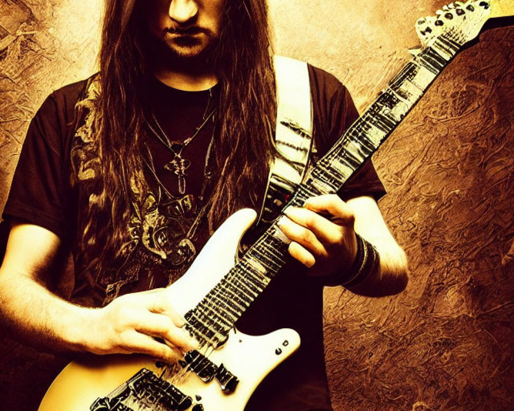 Long-haired person in black outfit with white electric guitar on brown textured background