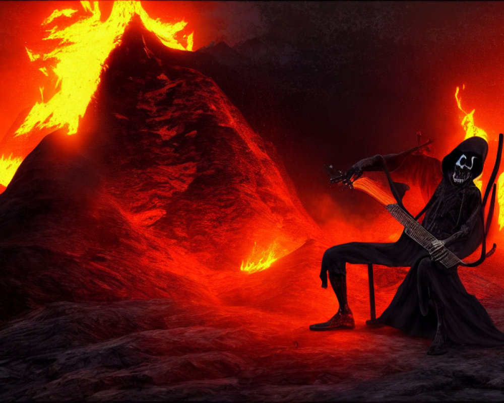 Skeleton playing electric guitar in fiery volcanic landscape