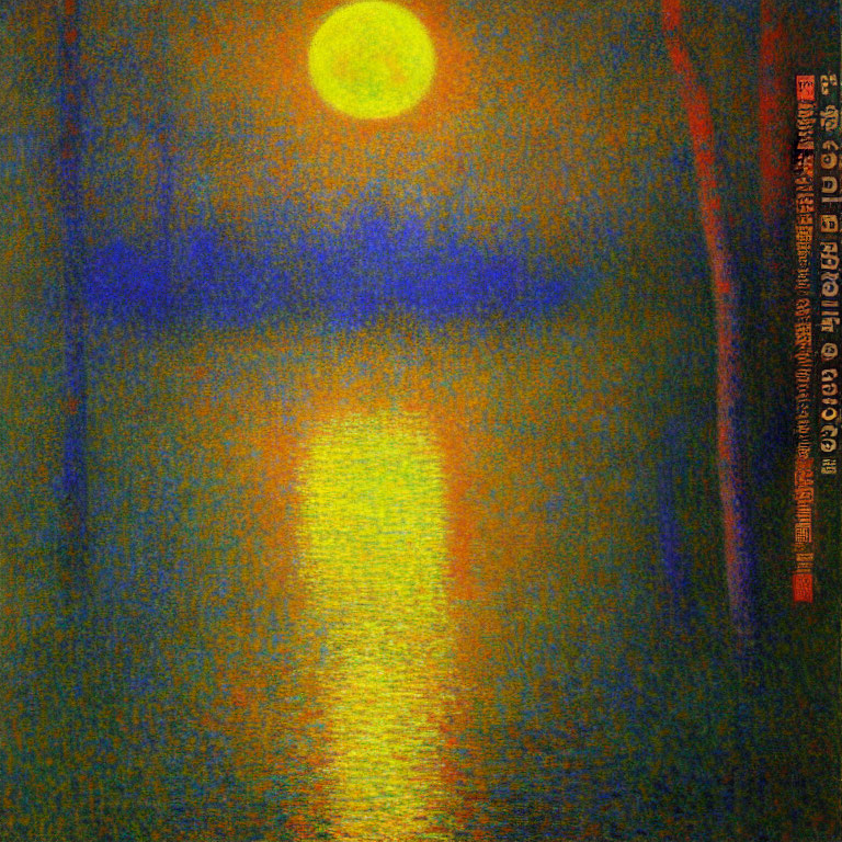 Yellow Full Moon Reflected on Textured Water with Silhouettes of Trees