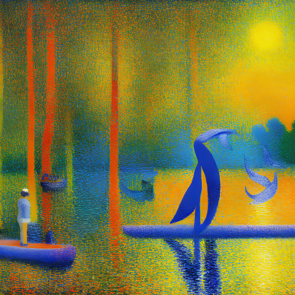 Colorful Lakeside Sunset Artwork with Paddleboarder and Whimsical Fish