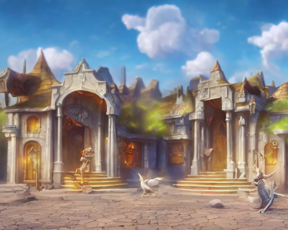 Stone buildings, golden knight, pigeons, and green magic in fantasy scene