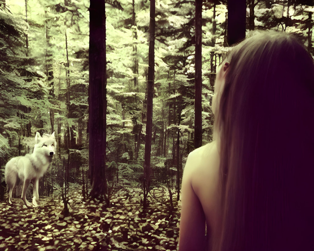 Long-haired person gazes at white wolf in mystical forest with sun rays.