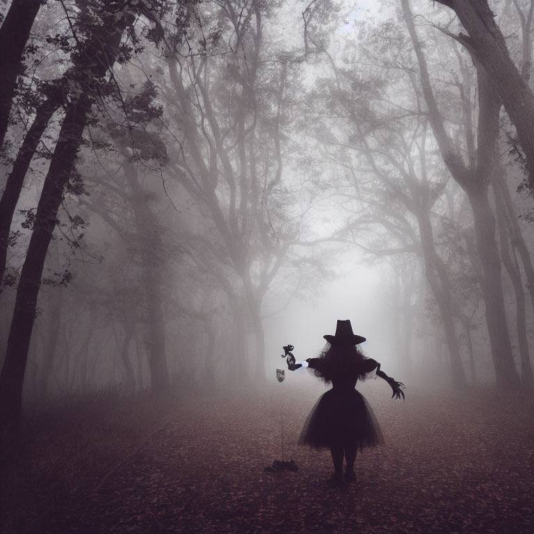 Spooky scarecrow in misty forest with bare trees