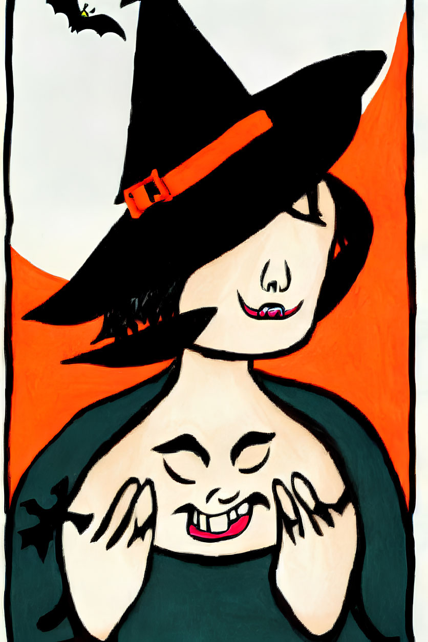 Smiling person with witch hat, braces, bat silhouettes, orange background
