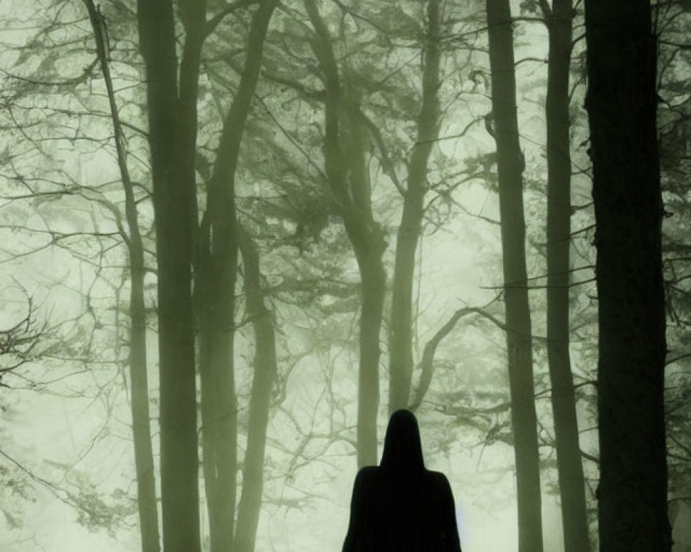 Cloaked Figure in Misty Forest with Red Leaves and Bare Trees