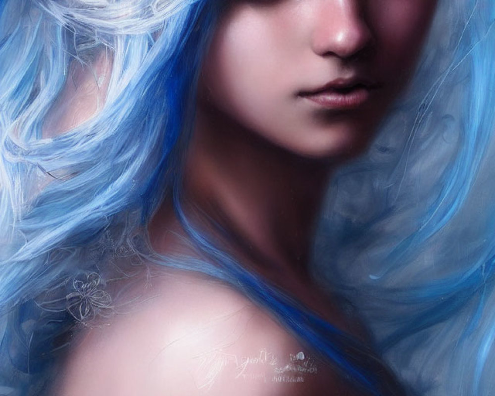 Portrait of a person with blue hair, translucent petals, pale complexion, intense gaze, and a red