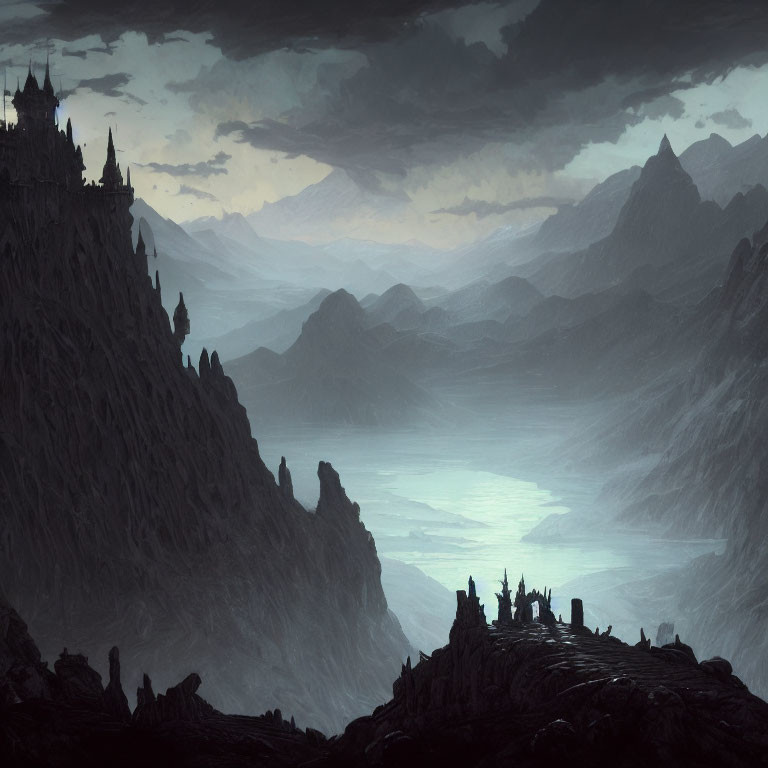 Mystical landscape with silhouetted castles and fog-covered valley