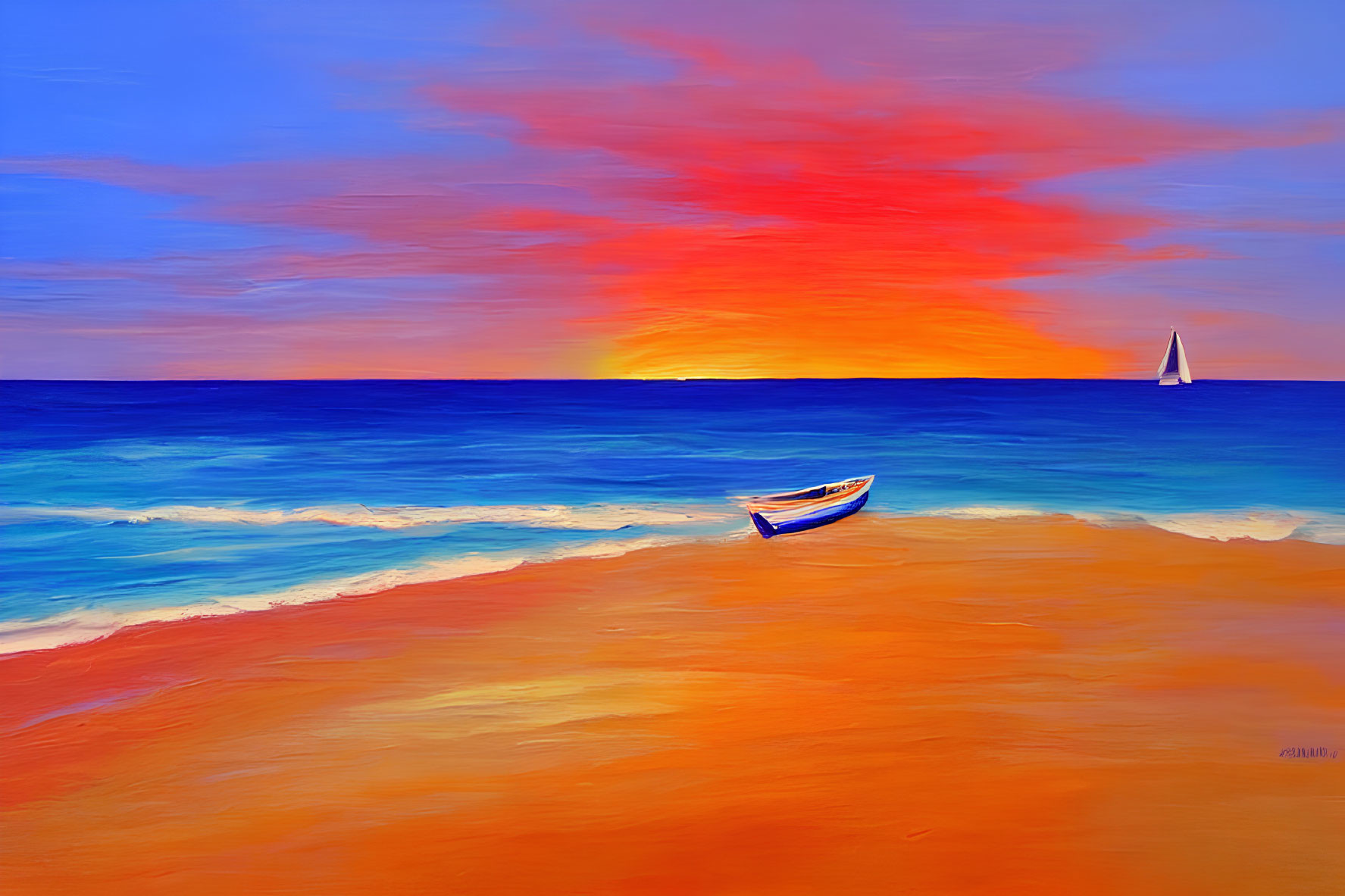 Surreal beach sunset painting with boat and sailboat in colorful sky