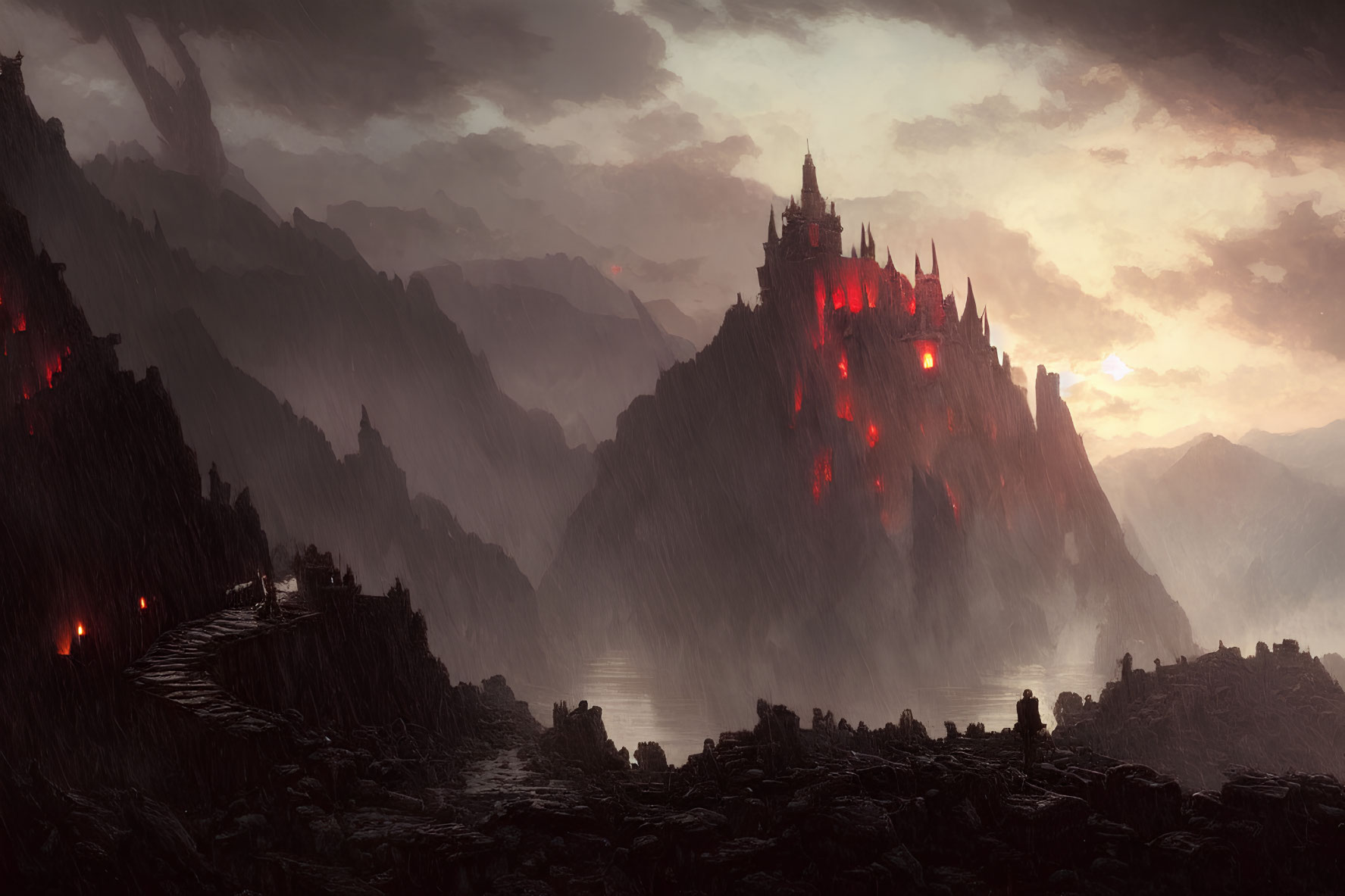 Glowing fiery castle on jagged mountains at dusk