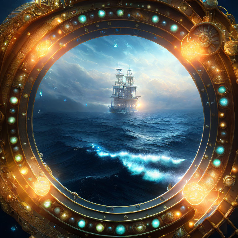 Surreal steampunk submarine view of old ship on high seas