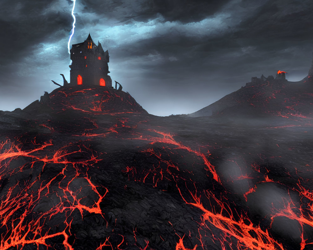 Dark Castle on Volcanic Landscape with Stormy Sky