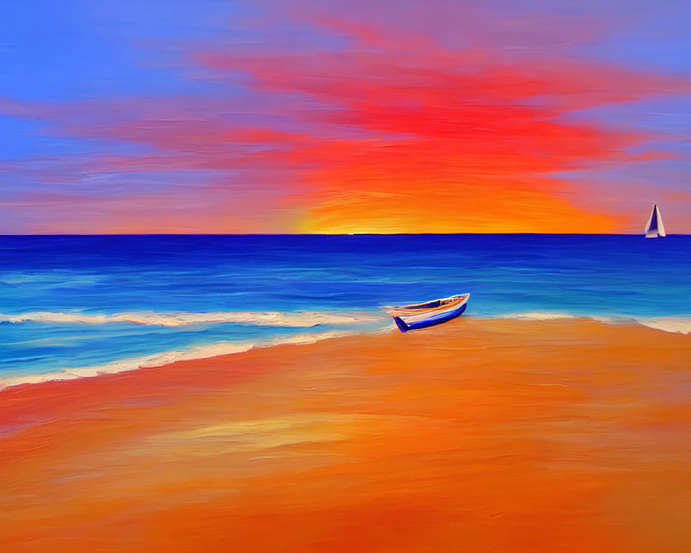 Surreal beach sunset painting with boat and sailboat in colorful sky