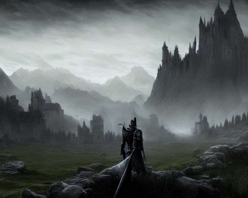 Solitary knight in misty landscape with gothic castle and mountains