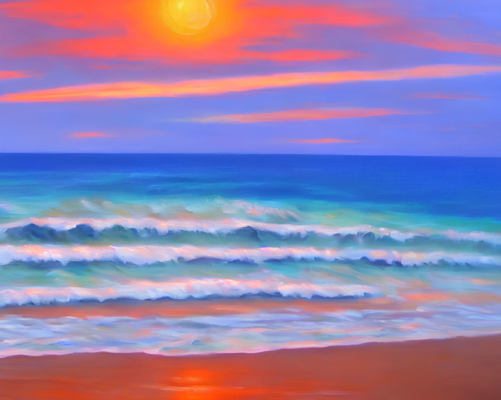 Colorful sunset painting of beach with gentle waves on serene shore