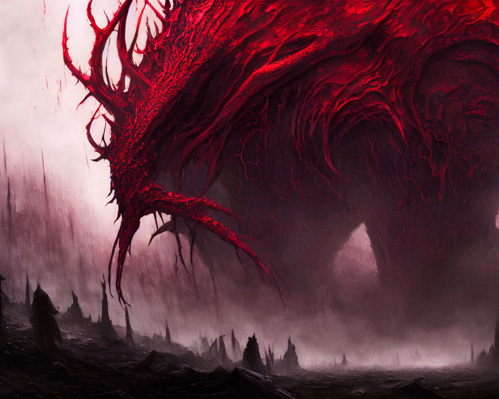 Monstrous red creature with tentacles in misty landscape.