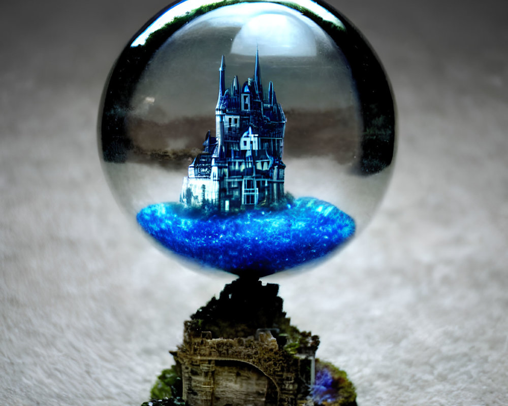 Gothic castle reflection on crystal ball with blue base and stone ornament