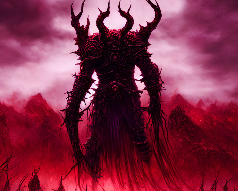 Foreboding armored figure with horns in crimson landscape.