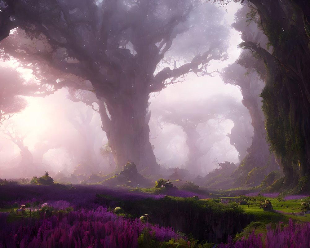Enchanting fantasy forest with ancient trees, purple flowers, misty light, and chasm.