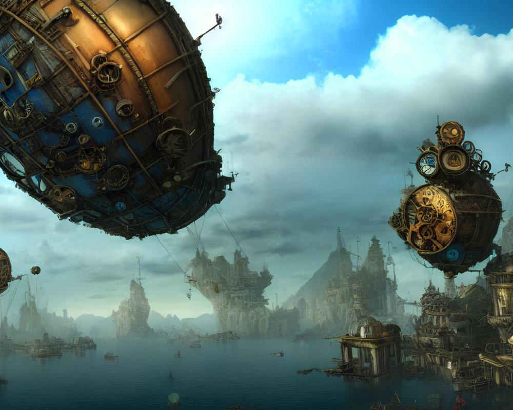 Fantasy landscape with floating airships above misty harbor city