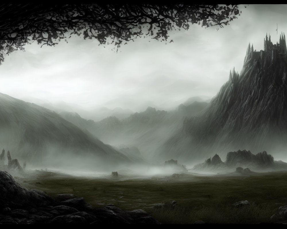 Dark castle on rugged mountain in misty landscape with arching tree silhouette.