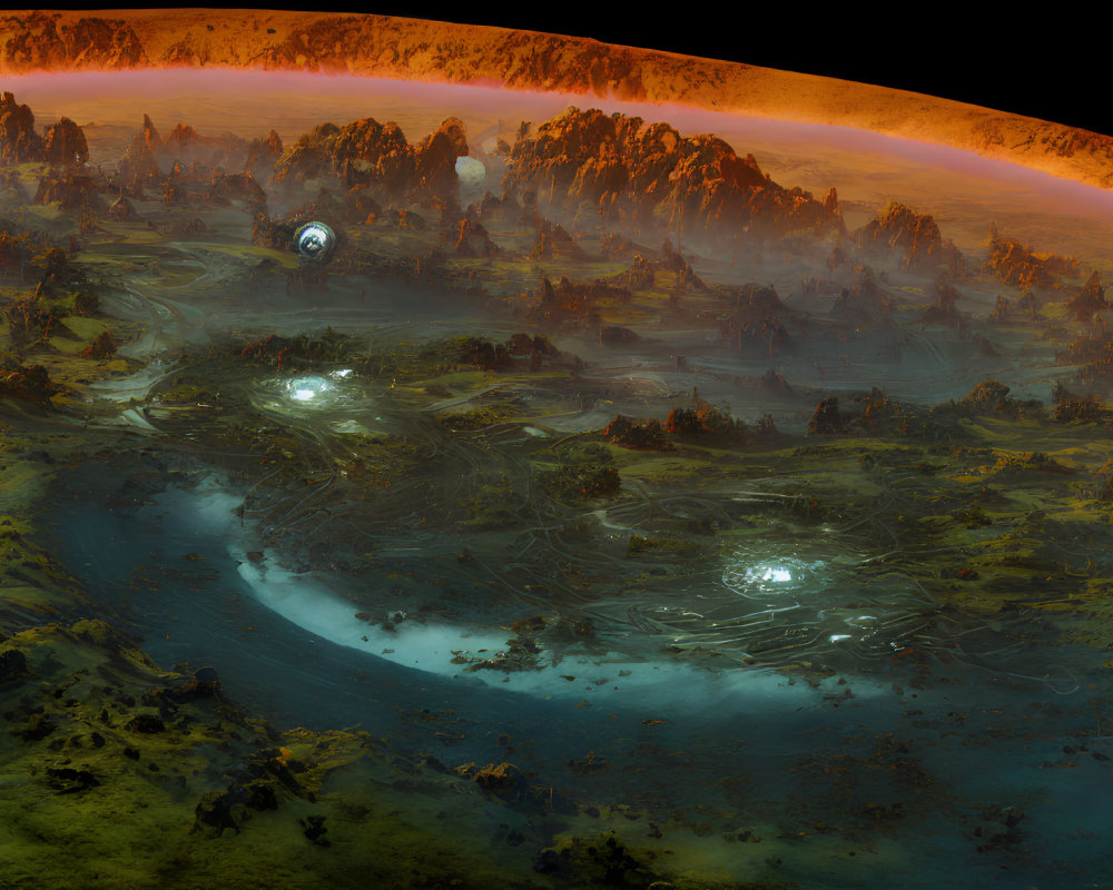 Panoramic alien landscape with glowing structures and river on rugged terrain