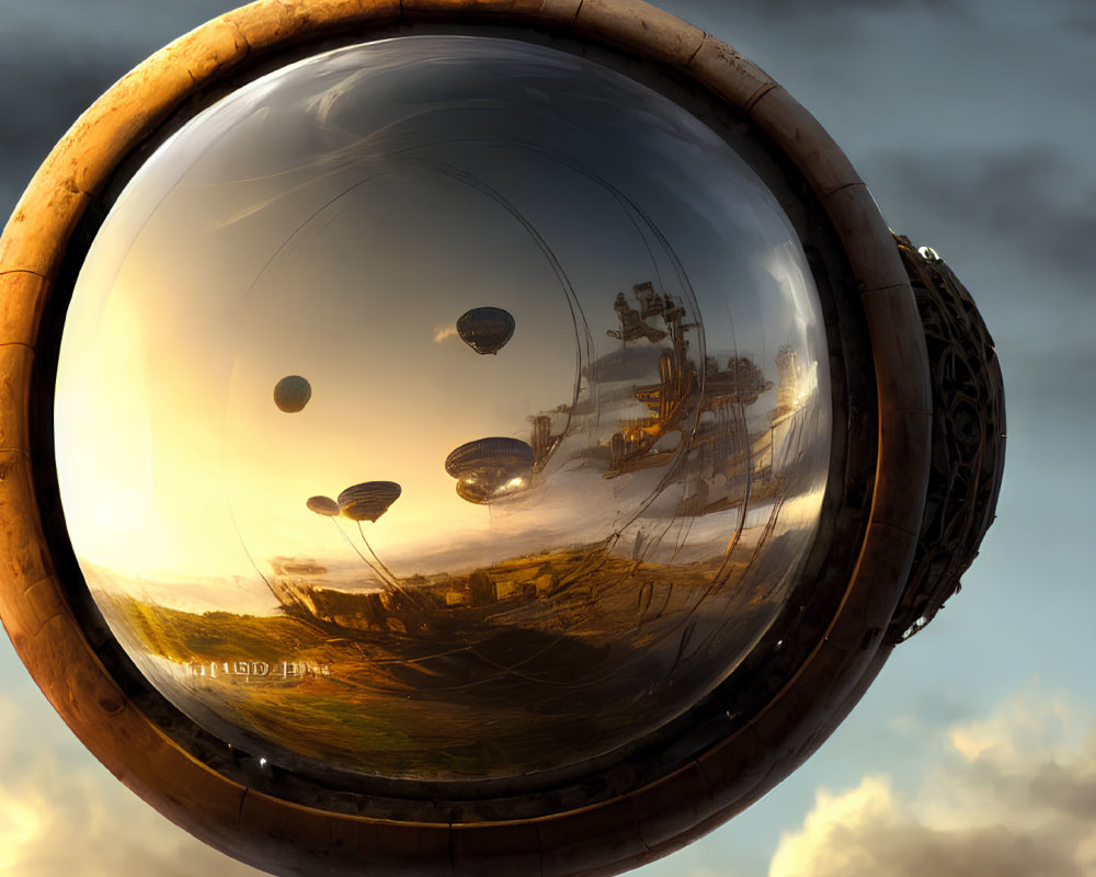 Metallic spherical object with wooden rim hovers over fantasy landscape