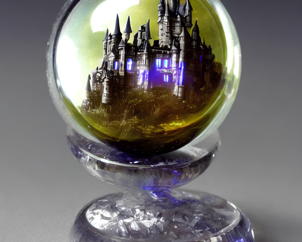 Crystal Ball with Illuminated Gothic Castle Model on Stand