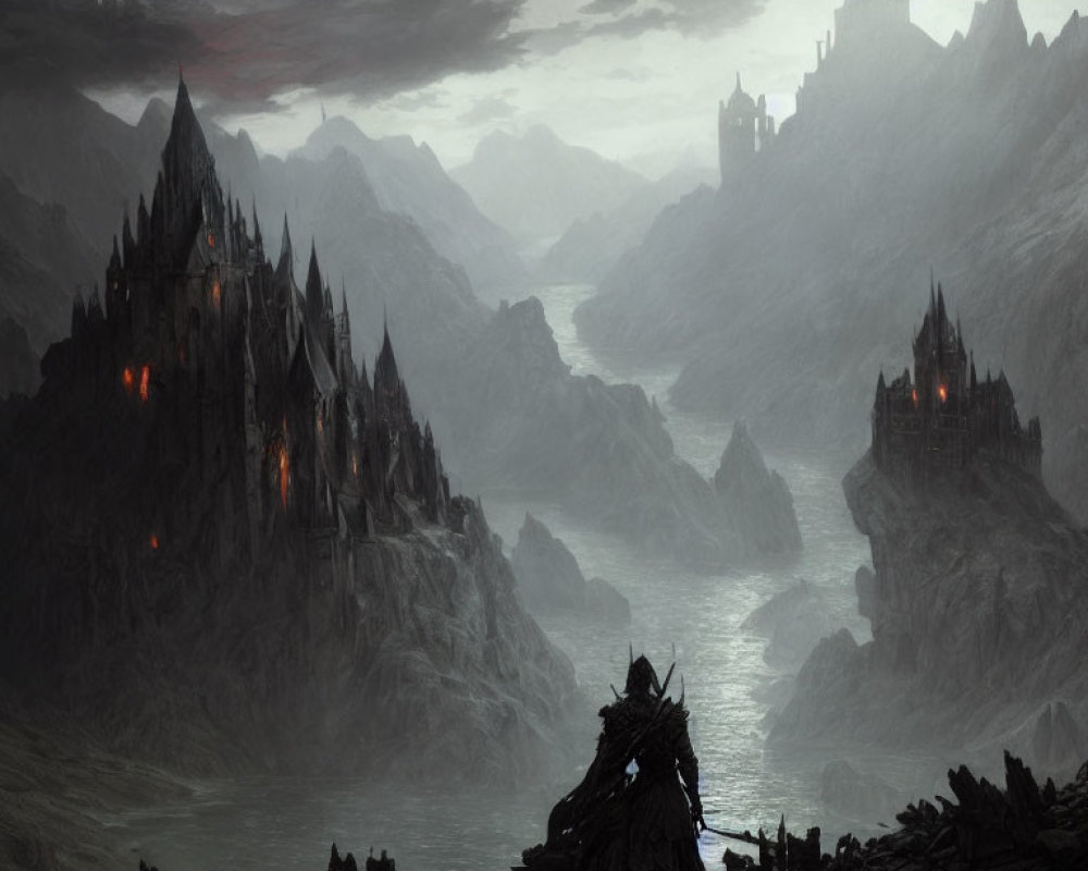 Dark Landscape with Spiky Castles Above Misty River
