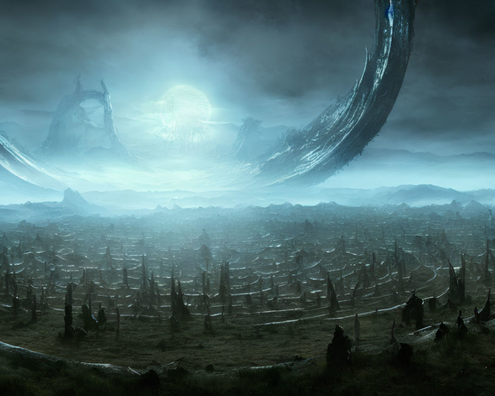 Alien structures in vast, stormy science fiction landscape