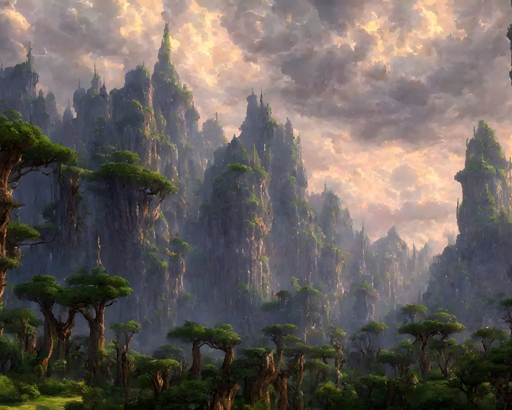 Fantasy landscape with towering tree-covered rock pillars under dramatic cloudy sky