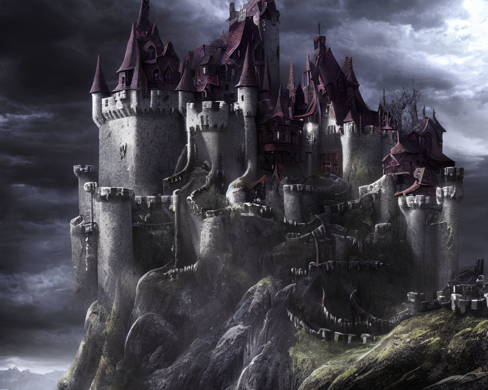 Gothic castle on rugged cliffs under dramatic sky