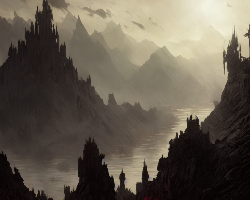 Gothic castles in dark, moody landscape with glowing river
