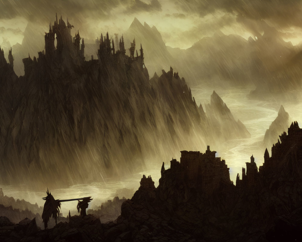 Brooding sky over cliffside castles with lone figure and dragon