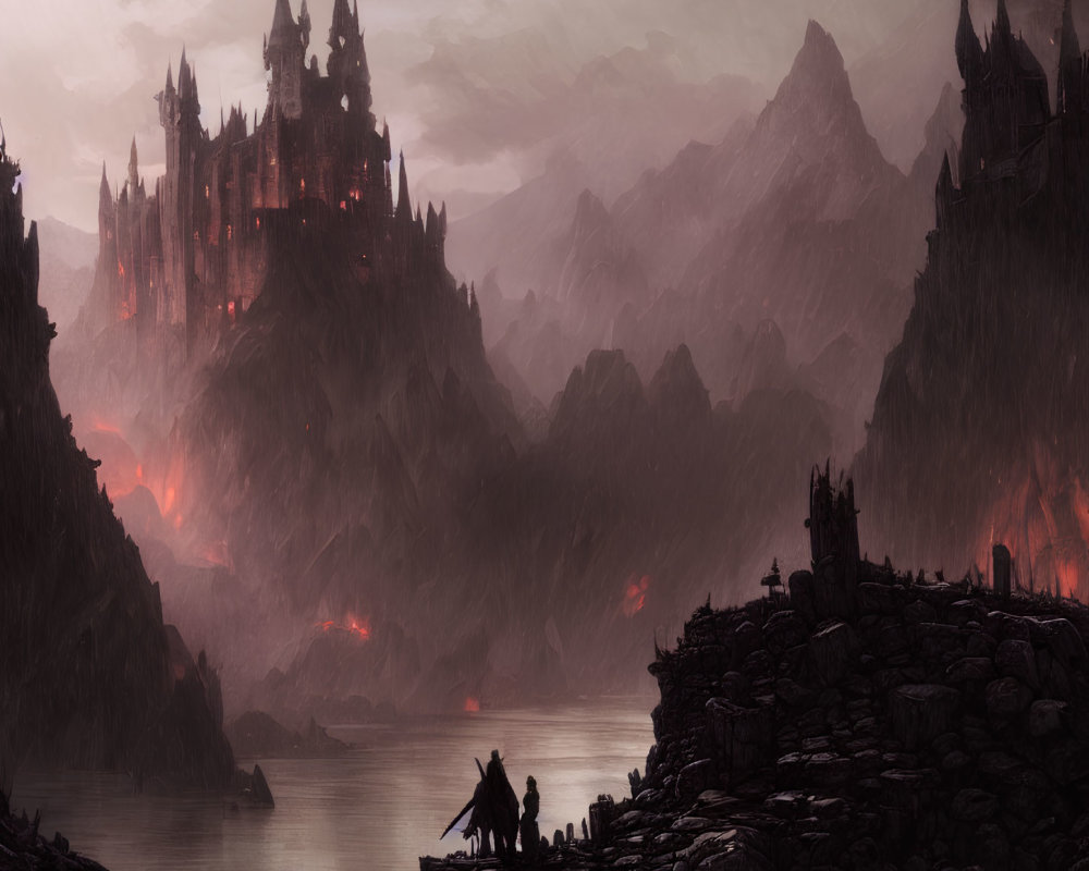 Fantasy castle on craggy peaks near misty lake under dusky sky