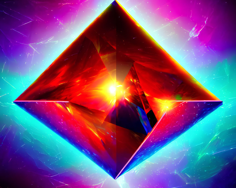 Vivid 3D-rendered red crystal pyramid in colorful space background