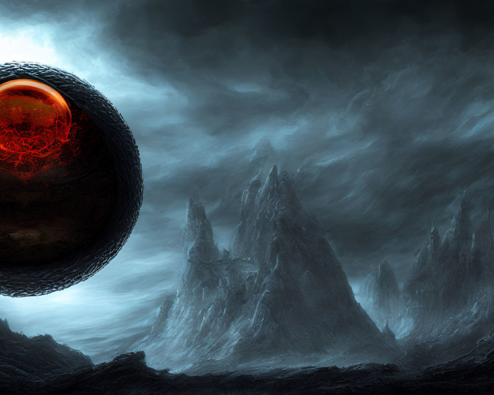 Moody landscape with jagged mountains and ominous red-eyed sphere