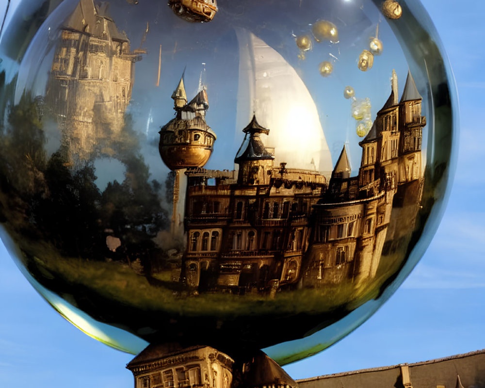 Reflective sphere distorts ornate buildings and dirigibles against blue sky