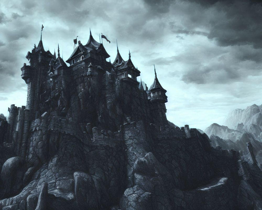 Gothic-style castle on craggy cliff under darkened sky