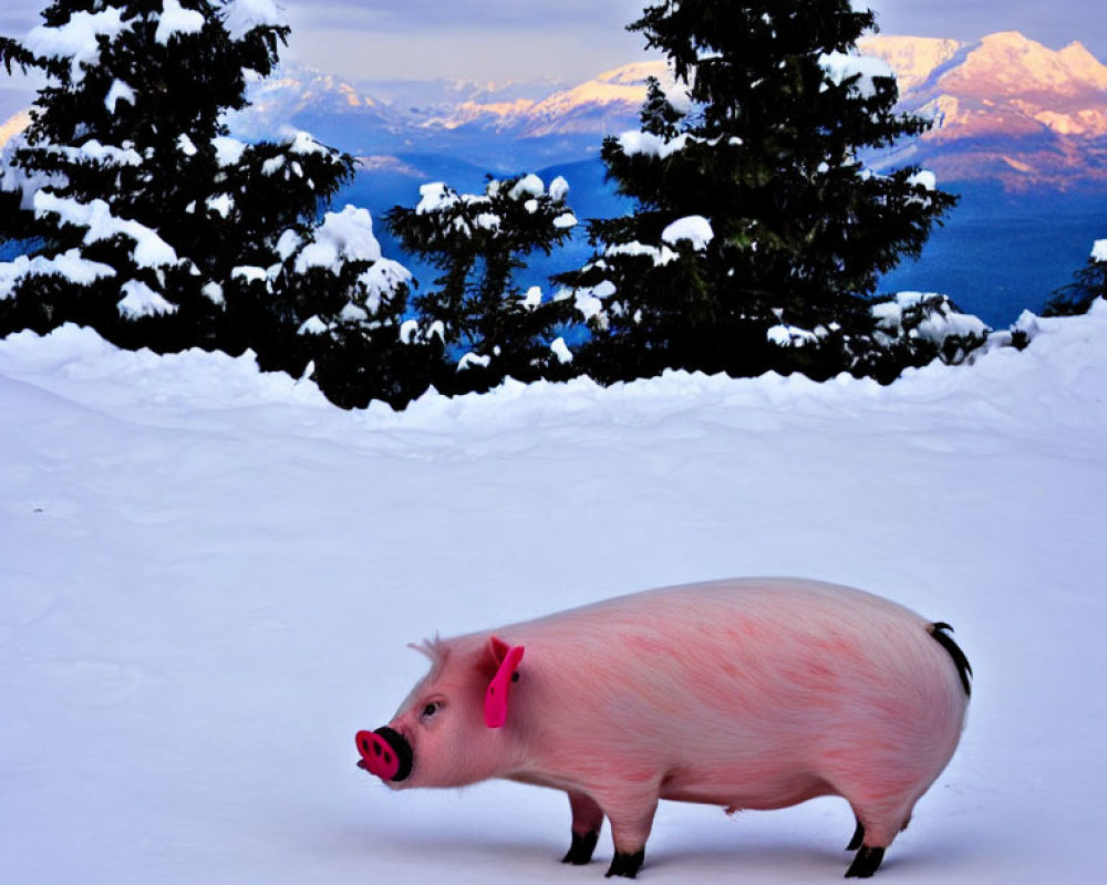 Pink pig with bow in snowy sunset scene.