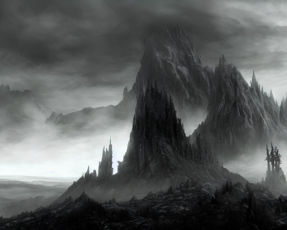 Monochromatic landscape of jagged mountains under brooding sky
