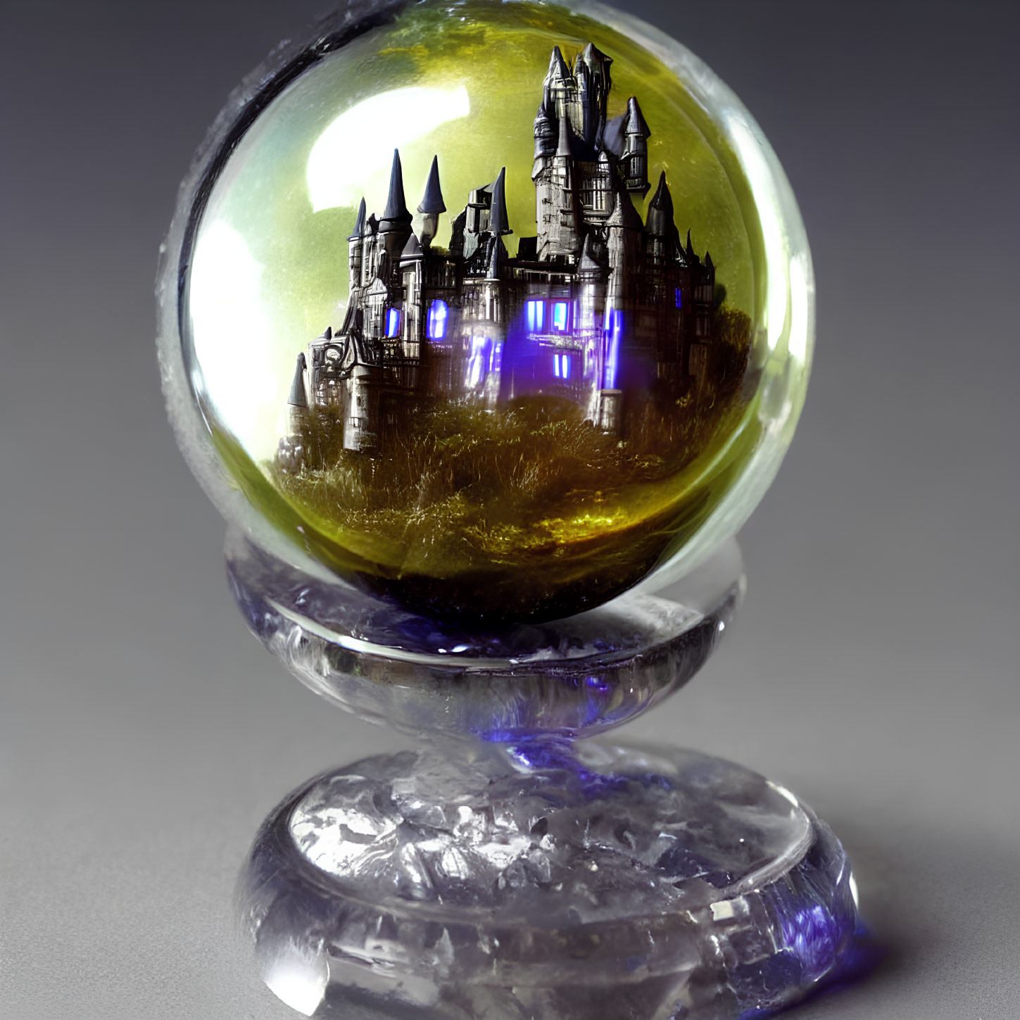 Crystal Ball with Illuminated Gothic Castle Model on Stand