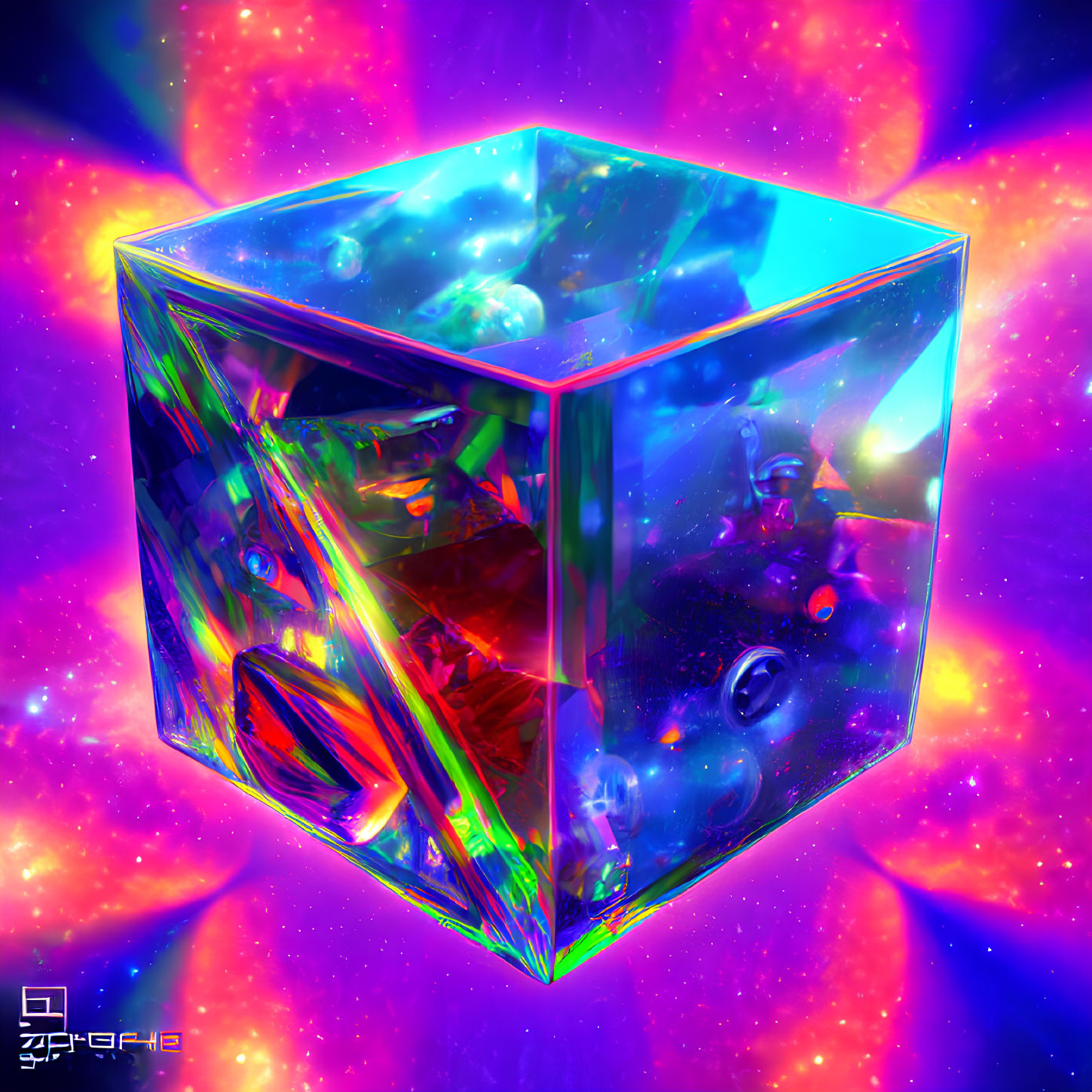 Colorful iridescent cube in cosmic background