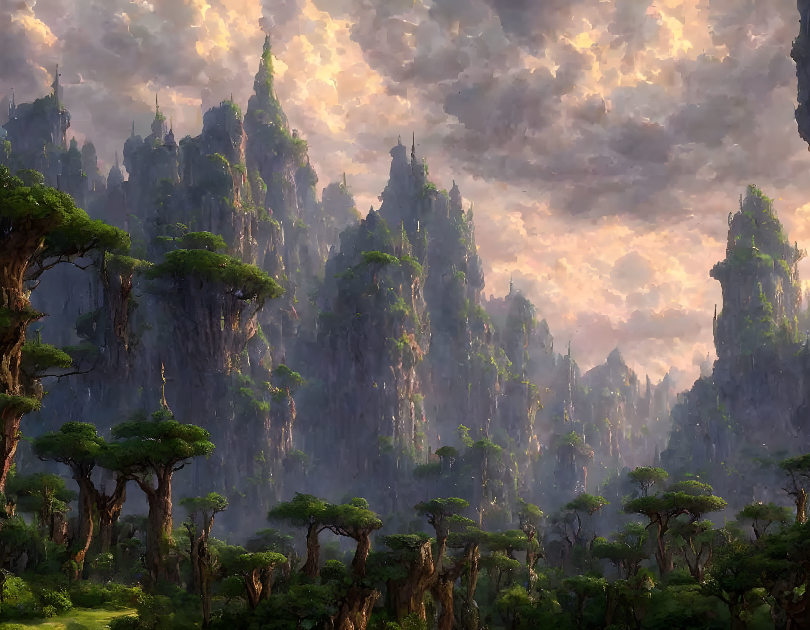 Fantasy landscape with towering tree-covered rock pillars under dramatic cloudy sky