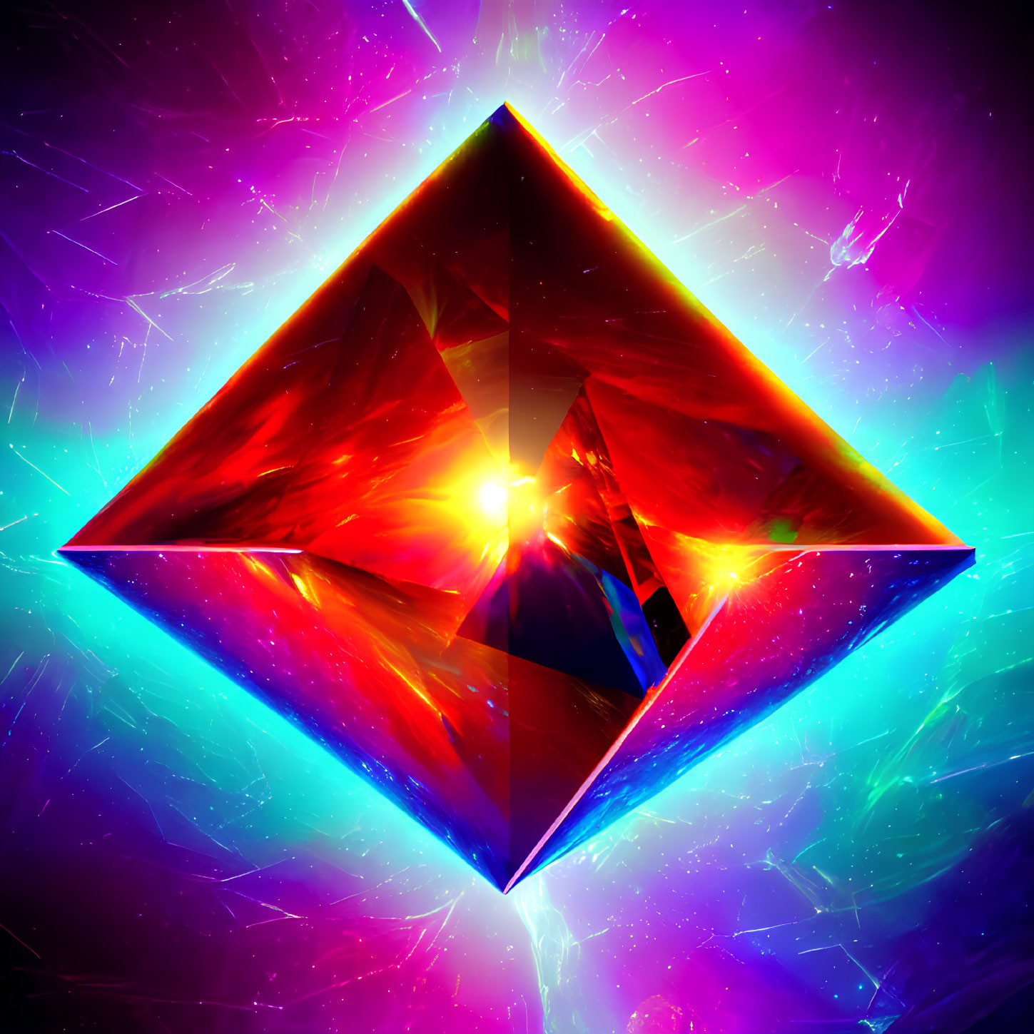 Vivid 3D-rendered red crystal pyramid in colorful space background