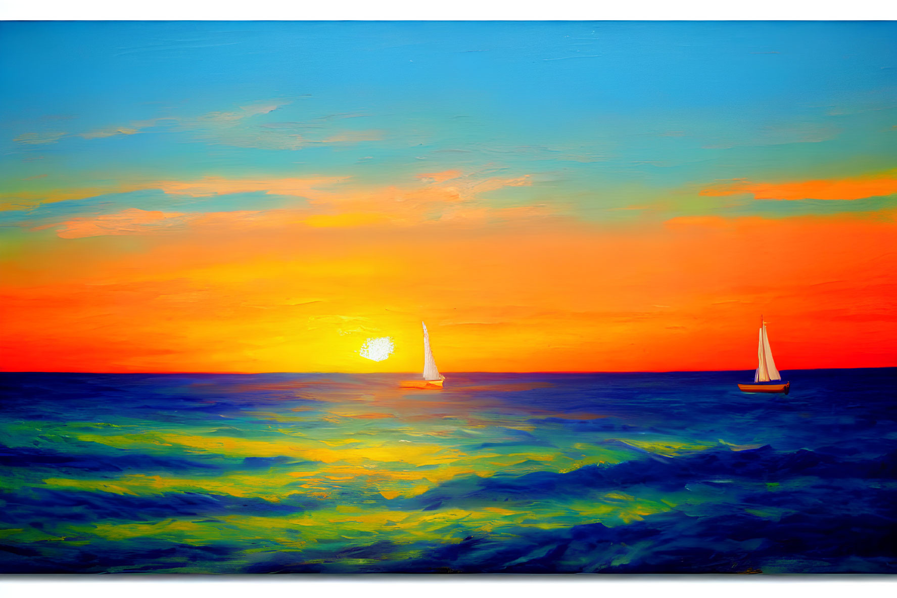 Colorful sunset painting with sailboats on dark blue sea