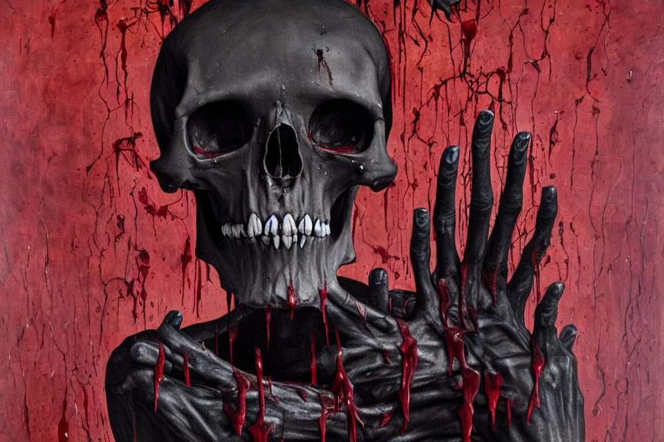 Skull-Faced Figure Painting on Blood-Red Background