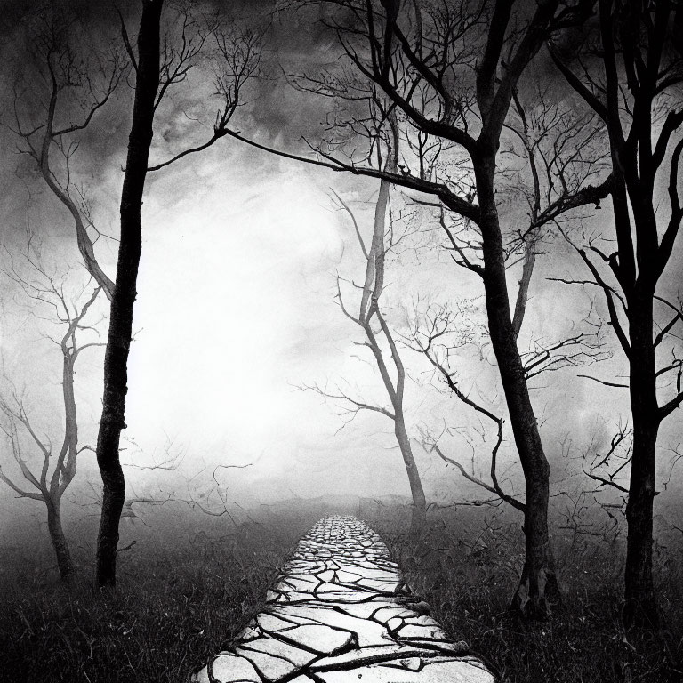Monochrome cobblestone path in gloomy forest with bare trees and fog
