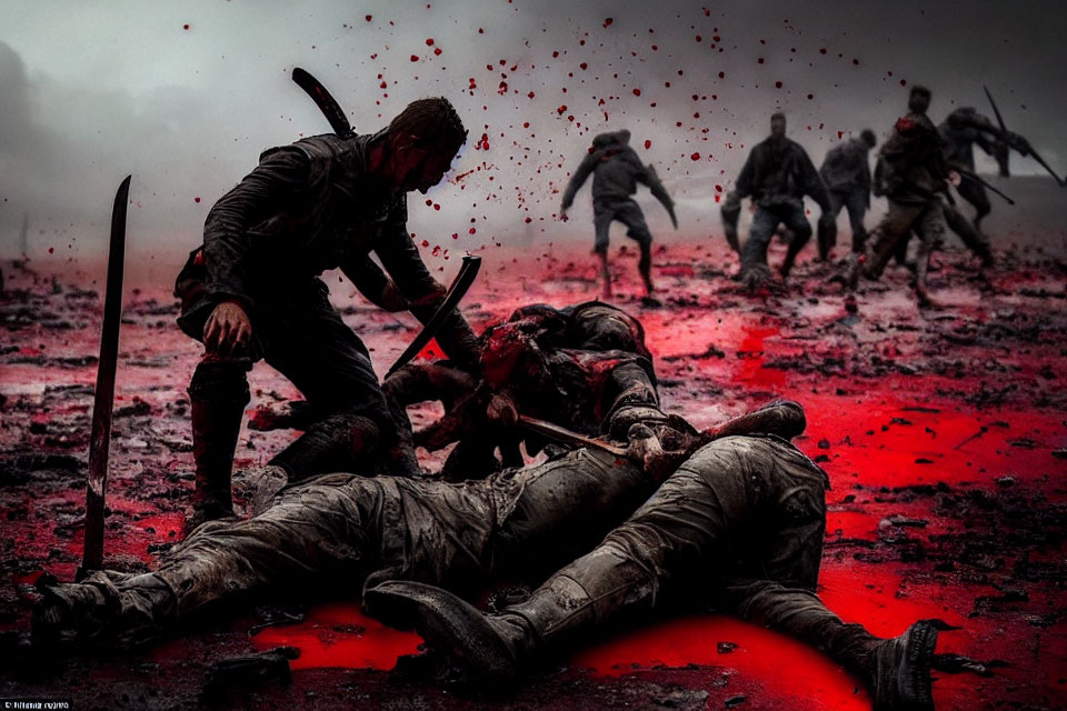 Warriors in combat with swords in a blood-splattered scene.