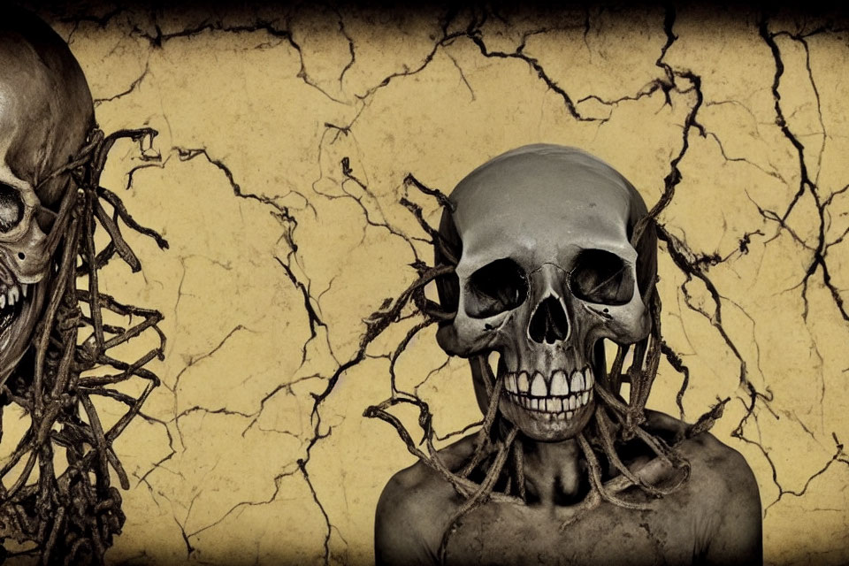 Three skulls on cracked earth background with intertwined roots.