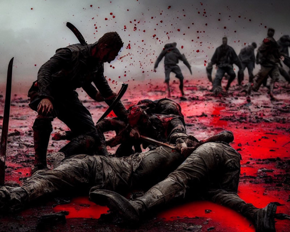 Warriors in combat with swords in a blood-splattered scene.